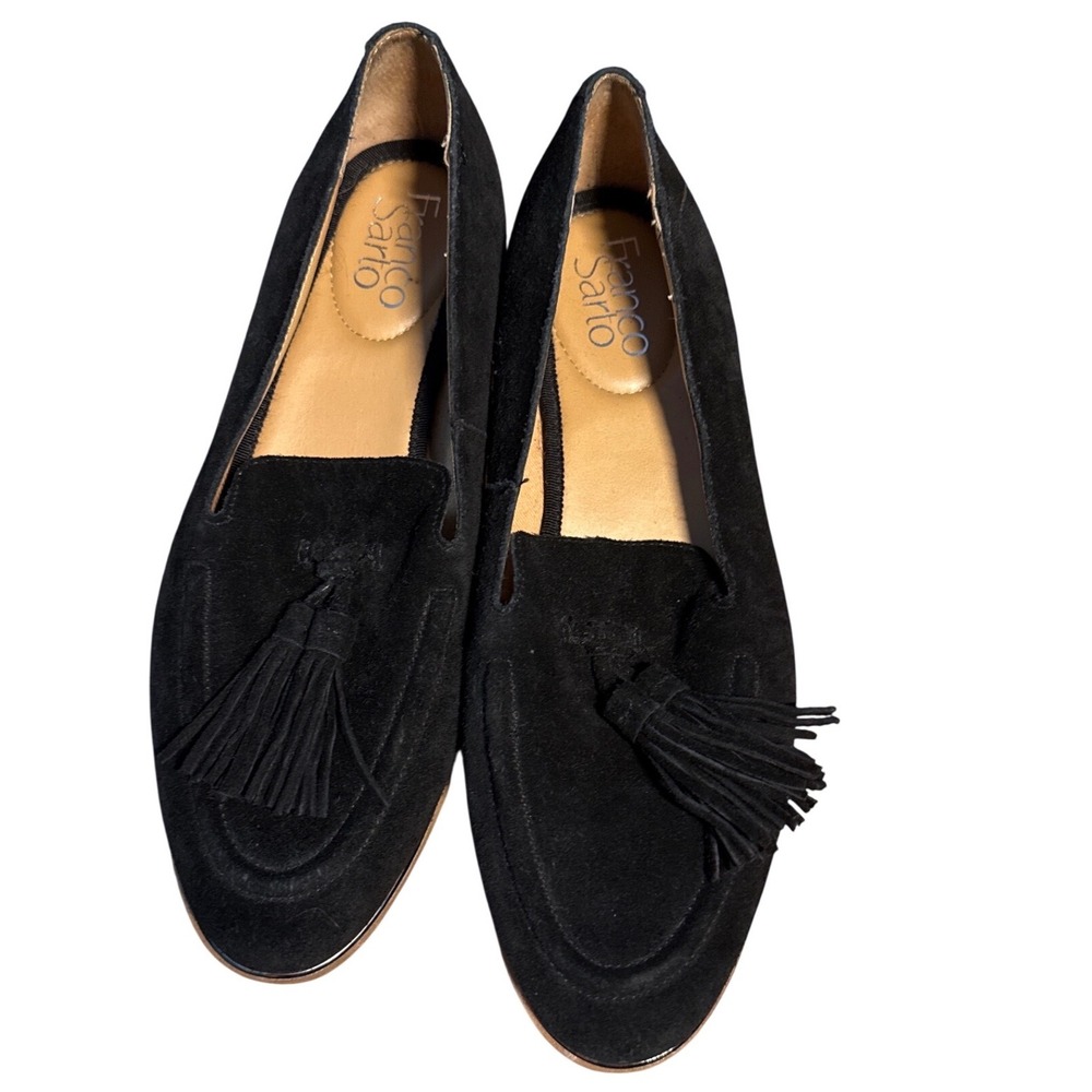 Franco Sarto Black Suede Tassel Loafers Womens Size 8M Almond Toe Flats Slip On